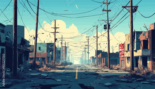 Ruined streets. Post apocalyptic posters, broken urban landscape destroyed houses roads poles with sagging wires road signs set background vector illustration