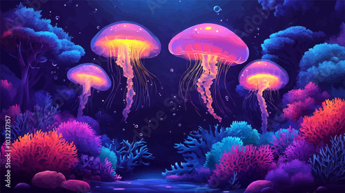 Vector image of an abstract underwater scene with glowing jellyfish and vibrant coral, in dreamlike colors.
