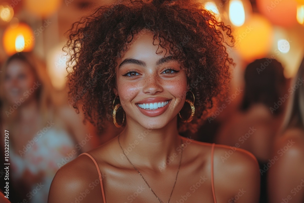 A young woman with curly hair smiles brightly at the camera, standing in a crowd of people.
