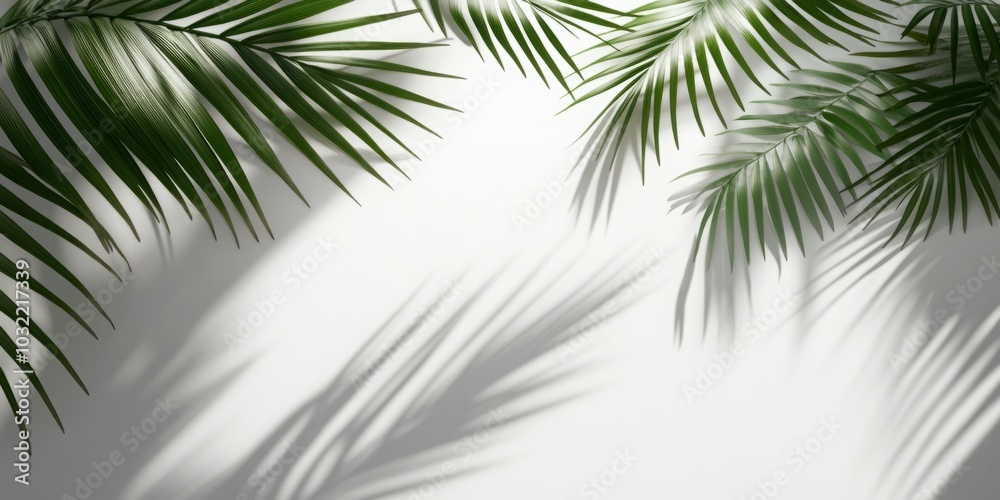 Palm Leaves and Their Shadows on a White Background: Exuding a Serene Tropical Aesthetic. Palm Leaves and Their Shadows on a White Background: Exuding a Serene Tropical Aesthetic.