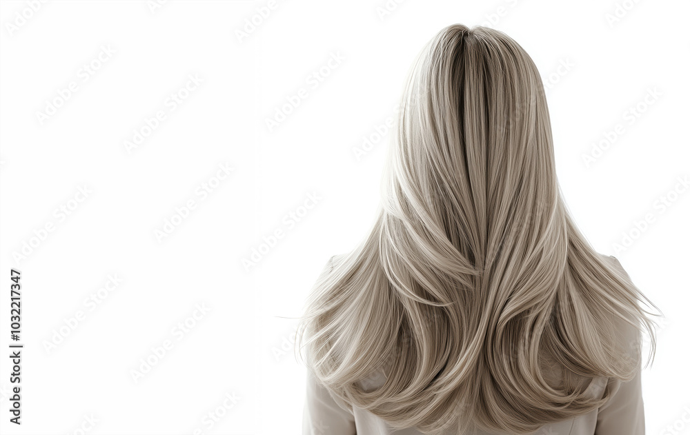 Naklejka premium A woman with long blonde hair is shown with her back to the camera. The hair is styled in a way that it is long and flowing, giving the impression of a carefree and relaxed mood
