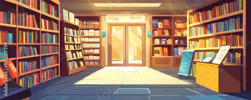 Bookstore interior with books on shelves and in racks, light through window and entrance door, sign of literature categories and showcase with best sellers. Cartoon vector shop with reading elements.