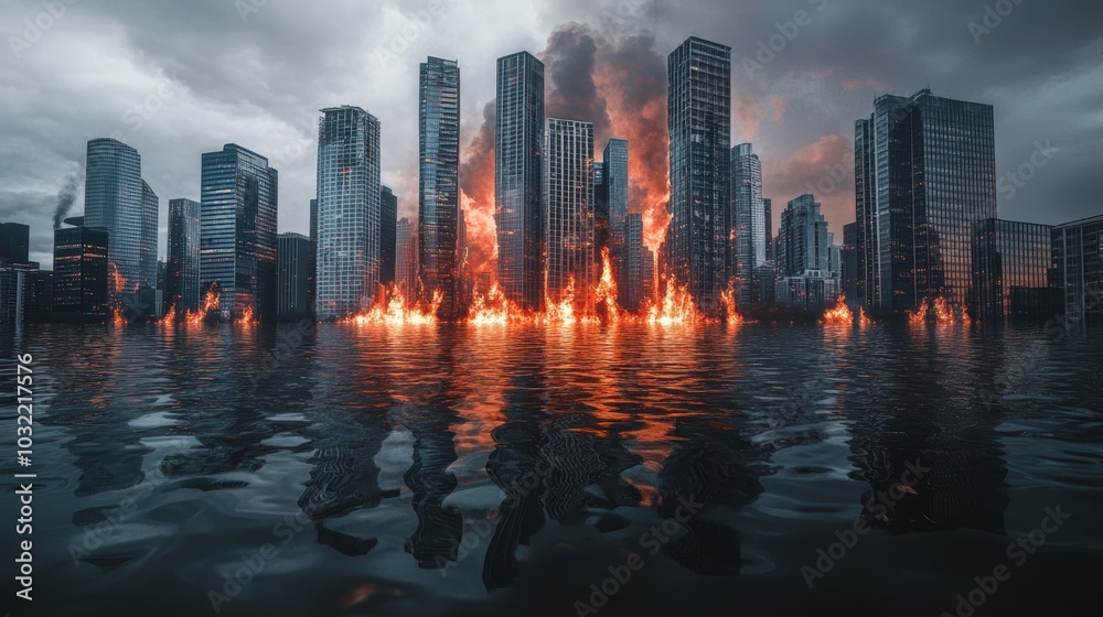 Fototapeta premium Burning city skyscrapers engulfed in water.