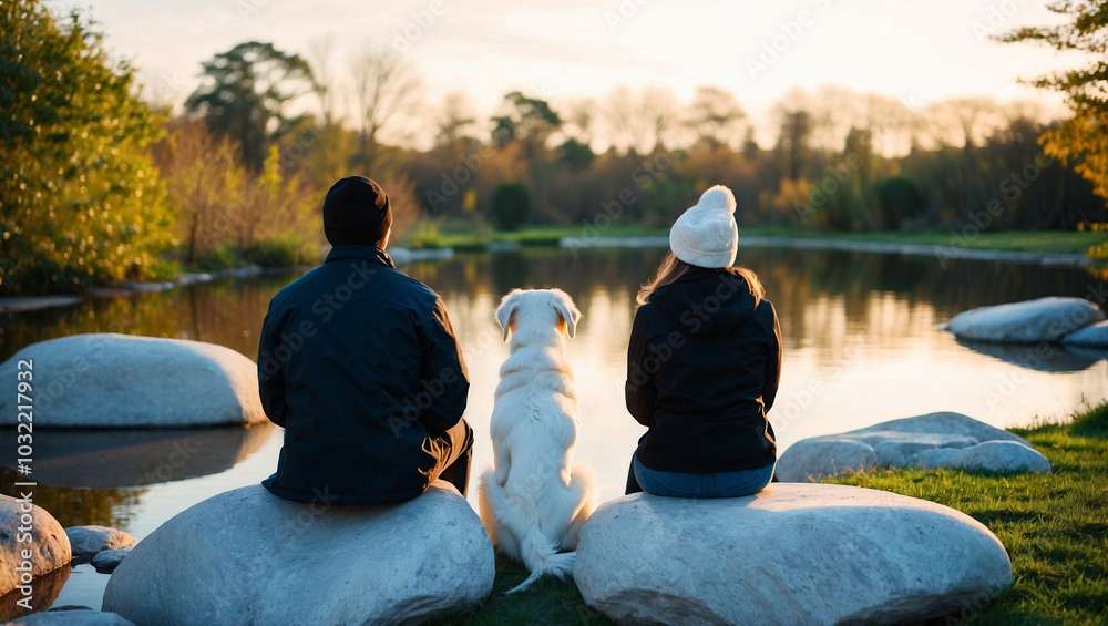 Fototapeta premium Couple with Their Dog Sitting on Stones Near a Tranquil Lake, Watching the Sunset in Nature