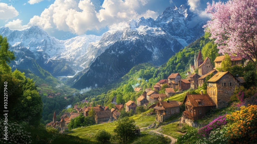 Obraz premium Mountain village nestled among snow-capped peaks.