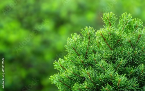 Lush green pine tree branches detailed against a blurred natural background. Perfect for nature-inspired projects, landscapes, or environmental themes.