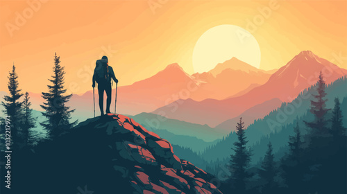 Flat design vector of a person hiking up a mountain trail with gear and a backpack.