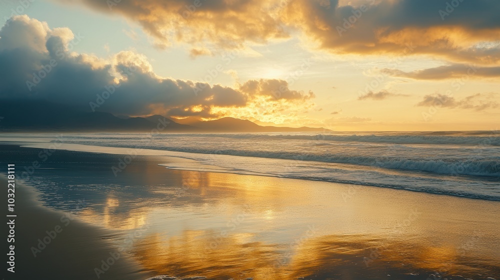 Fototapeta premium Golden sunset over beach with waves.