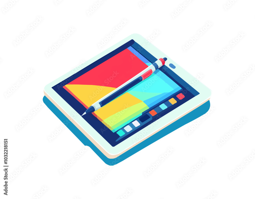 Flat design vector of a tablet with a stylus, showing a drawing app. Flat design vector of a tablet with a stylus, showing a drawing app.