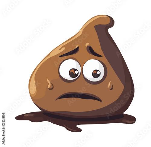 Cartoon poop emoji. Funny poo excrement character. Isolated vector sad toilet shit emoticon. Flattened brown diarrhea personage with a distressed face expression, depicts the liquid messy aftermath