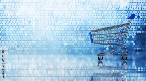 Blue e commerce transition on silver pixelated background with shopping cart designs photo