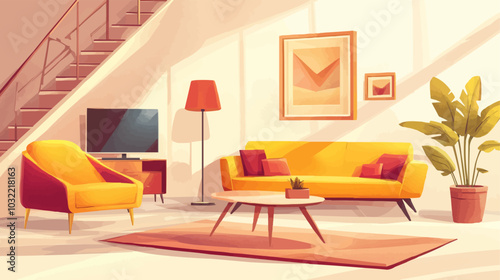 Living room interior furniture and design elements. Cartoon vector illustration set of home or hotel modern cabinetry - yellow sofa and armchair, stairs and tv, table and floor lamp, picture and plant