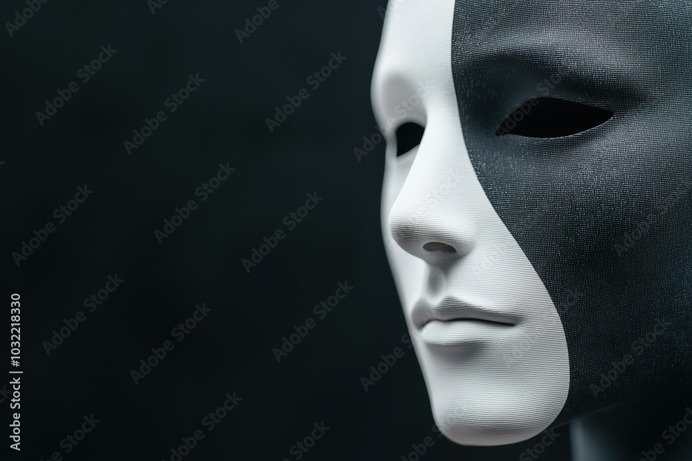 Artistic mannequin face featuring a stark black and white paint scheme, embodying contrast and modern aesthetic for creative projects. Artistic mannequin face featuring a stark black and white paint scheme, embodying contrast and modern aesthetic for creative projects.