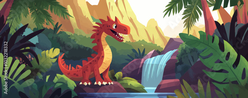 Cartoon dinosaur or prehistoric lizard Opisthocoelicaudia, vector character for kids Jurassic collection. Prehistoric dinosaur Opisthocoelicaudia funny dino in jungle forest with mountain waterfall