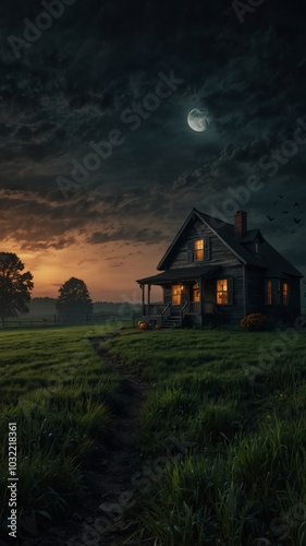 Lonely house in the full moon