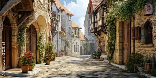Stone street in medieval European village.