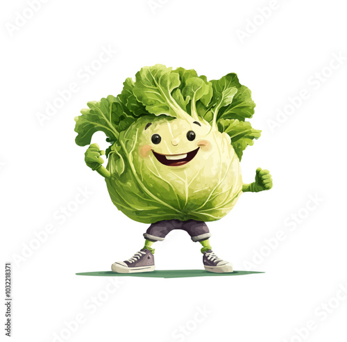 Groovy kohlrabi cabbage vegetable character. Vector ripe veggie, retro fun and quirky healthy vitamin food personage with a cheerful face, green leaves, gloves, and sneakers, striking a playful pose