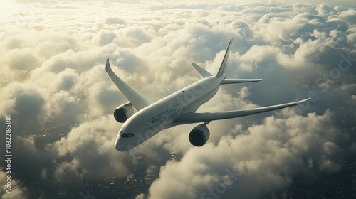 Airplane Soaring Through the Clouds