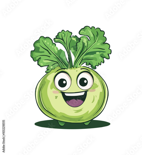 Cartoon groovy kohlrabi cabbage vegetable character with a cheerful expression and big, friendly eyes Vector ripe veggie with green leafy tops. Fun and quirky healthy vitamin food retro personage