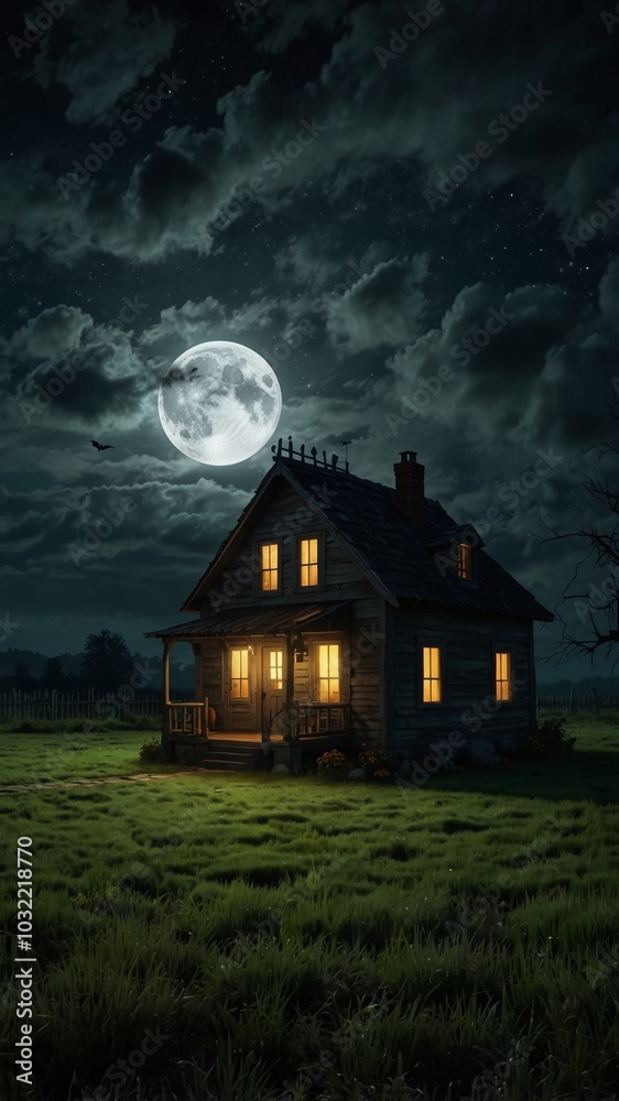 Enchanting Halloween night at a spooky house with glowing jack-o'-lanterns under a full moon Enchanting Halloween night at a spooky house with glowing jack-o'-lanterns under a full moon