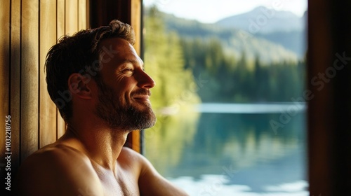 Serene man enjoying sauna by tranquil lake in rustic cabin, embracing nature's calm for water wellness