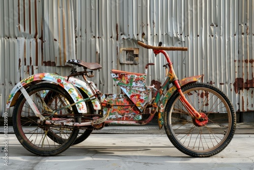 Brightly colored, flower painted pedicab is parked in front of a weathered metal building photo