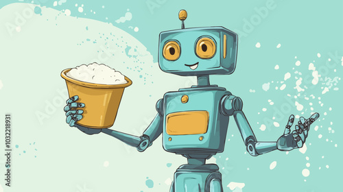 A cartoon of a household cleaning robot holding a bucket of vinegar and a bowl of baking soda with the phrase even robots prefer natural