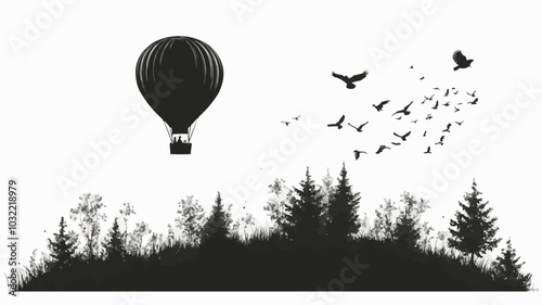 Vector image of a hot air balloon floating in the sky with birds flying around it, in silhouette style on white.