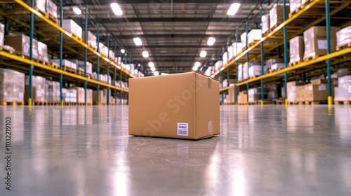 A cardboard box sitting on a concrete floor in a large warehouse filled with shelves.