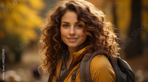 Cheerful female international Indian student with backpack, curly hair carrying school equipment