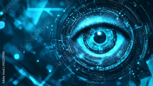 Human android cyborg eye futuristic control protection personal internet security access.Concept robot dna system, future scientific technology innovation science. Blue polygonal vector