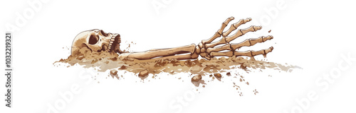 Skeleton hand coming out of the ground on a white background. Vector flat isolated.