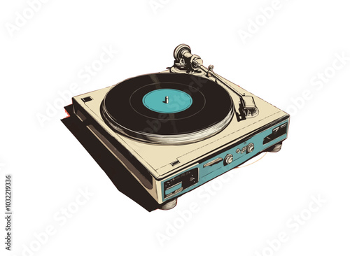 Stylized vector of a vintage vinyl record player with an open turntable and vinyl spinning.