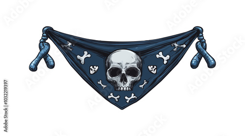 Cartoon pirate bandana hat, sea corsair or sailor textile headwear with blue color, beads, node and skull pendant. Isolated vector head scarf. Vintage rover handkerchief, filibuster naval costume