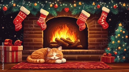 Cozy fireplace with stockings hung, cat sleeping on rug, vector illustration.