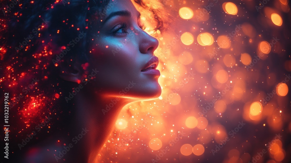 A young woman with curly hair is lit with warm and cool colored lights, looking up and to the side. A young woman with curly hair is lit with warm and cool colored lights, looking up and to the side.