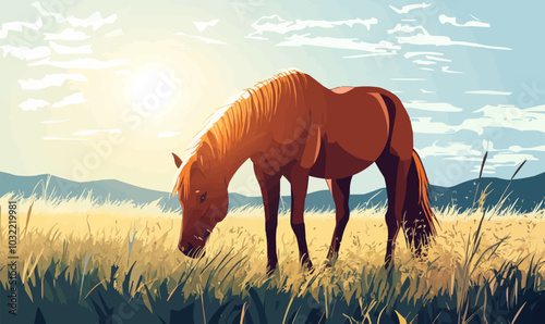 A peaceful scene of a horse grazing in a field with a strikingly warm heat pattern visible on its hoof prompting further investigation into a possible. Vector illustration