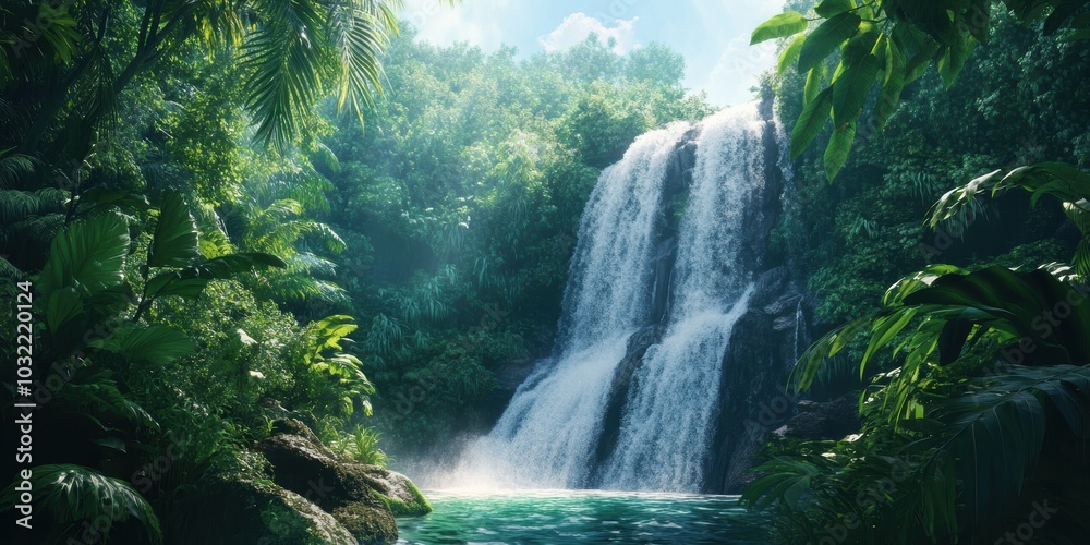 Tropical waterfall cascading into lush jungle. Tropical waterfall cascading into lush jungle.