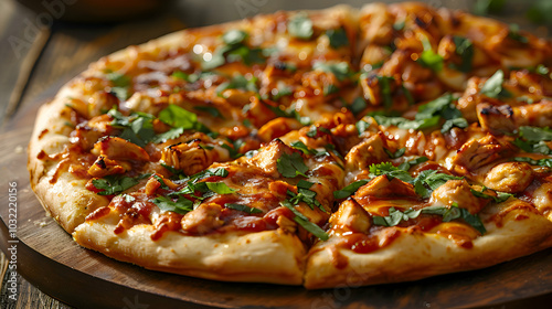 BBQ chicken pizza with a thin, crispy crust and fresh cilantro
