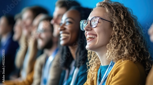 Close up picture of a happy and laughing staff or participant people group listening to a startup business owner at a trade show exhibition event. Generative AI.