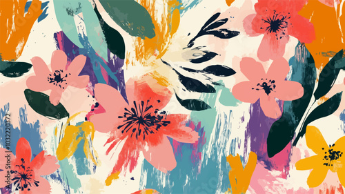 Colorful flowers on abstract brushstrokes background. Acrylic flowers, leaves, paint smears seamless pattern. Hand painted illustration for modern fabric, textile, backdrop etc design