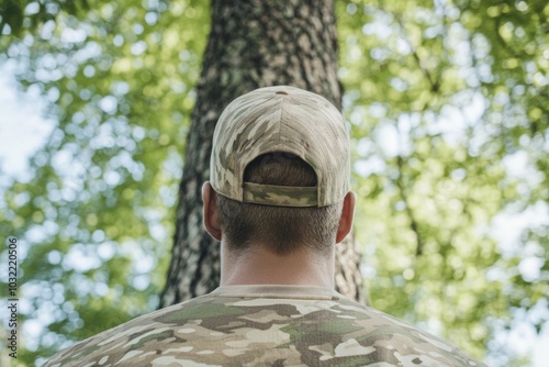 Young Man in Camouflage Outfit Standing Against Tree in Forest - Biophilic Fashion Concept photo