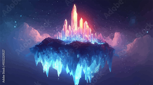 Vector illustration of a crystal castle suspended in mid-air, with shards of light reflecting off its walls.