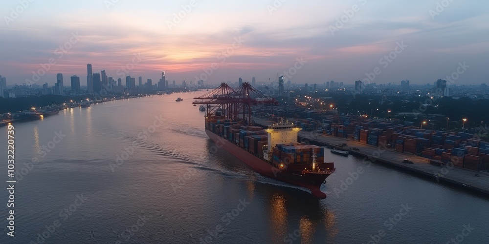 Container Ship Navigating Urban Waterway at Sunset Container Ship Navigating Urban Waterway at Sunset