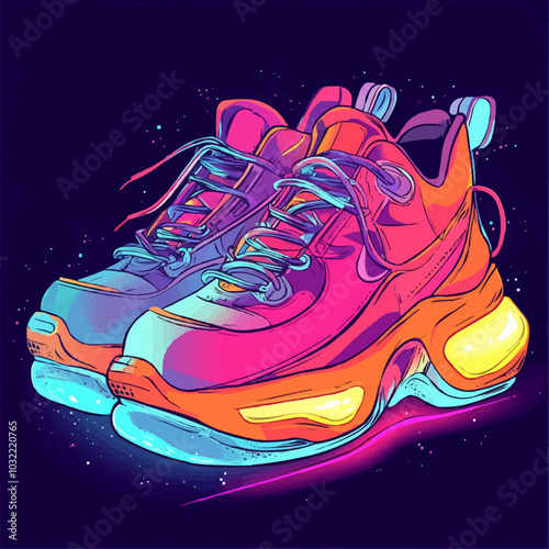 Brightly colored 90s-style sneakers with chunky soles, reimagined with futuristic glowing elements. Vector illustration.