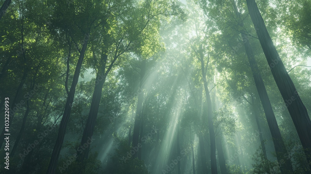Obraz premium Sunbeams pierce through dense forest mist.