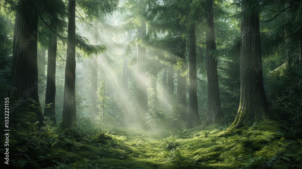 Obraz premium Sunlight beams through a dense, mossy forest.