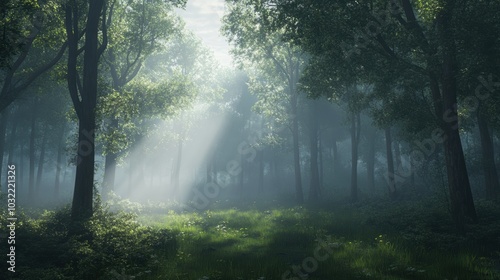 Sunbeams pierce through a foggy forest.