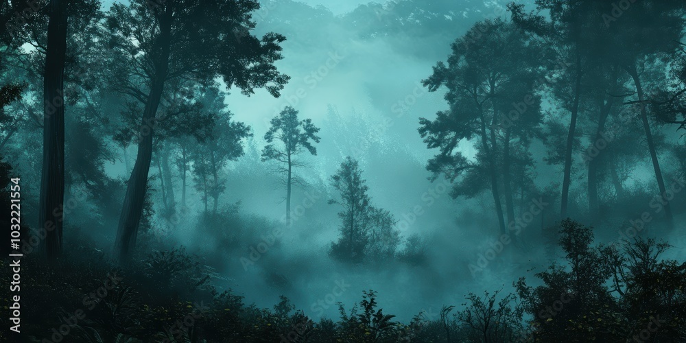 Fototapeta premium Dark, misty forest with tall trees.