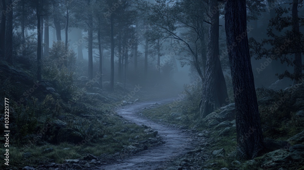 Obraz premium Misty forest path with tall trees.